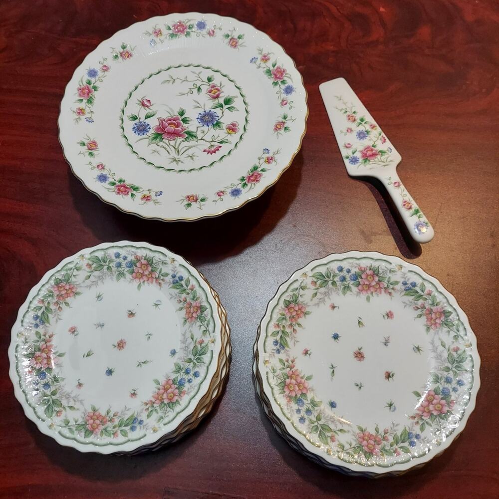 Andrea by Sadek Porcelain Cake / Pie Pedestal Plate, Server, & 10 Dessert Plates